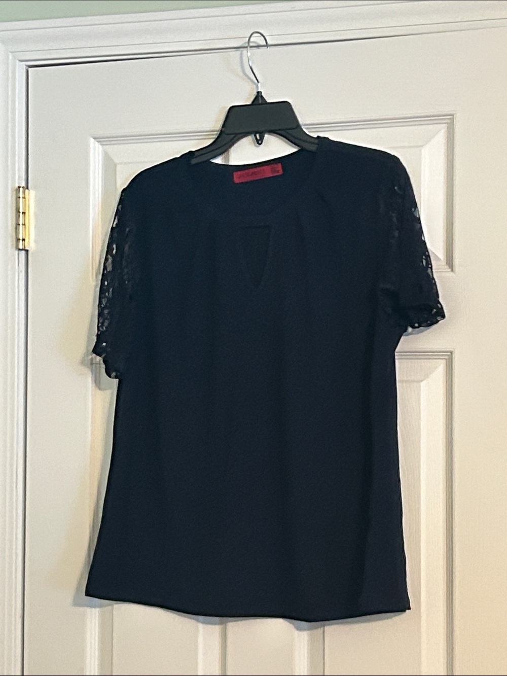 lovestitch navy lace-sleeve keyhole top